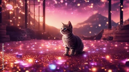 cat in the night highly intricately detailed photograph of kitten surrounded by glitter lights 