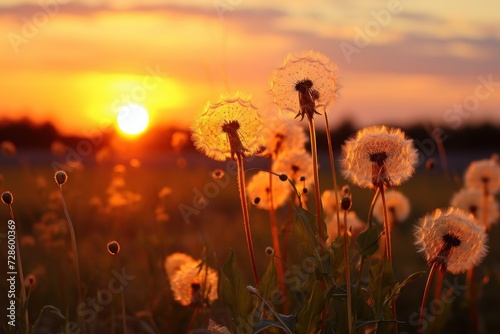 Whispering tales of the day's end, fluffy dandelions stand near the tranquil lake, bathed in the soft light of the setting sun, a close-up portrait of nature's beauty © Jam