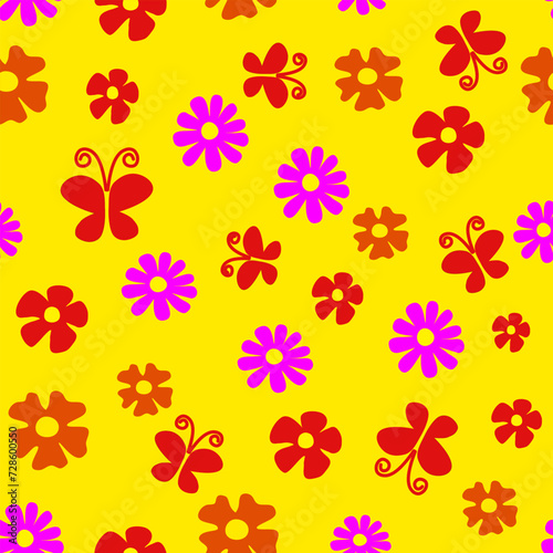 Seamless pattern with dahlia blossom isolated on yellow background. Endless texture with tender flowers and butterfly in flat style, wallpaper design