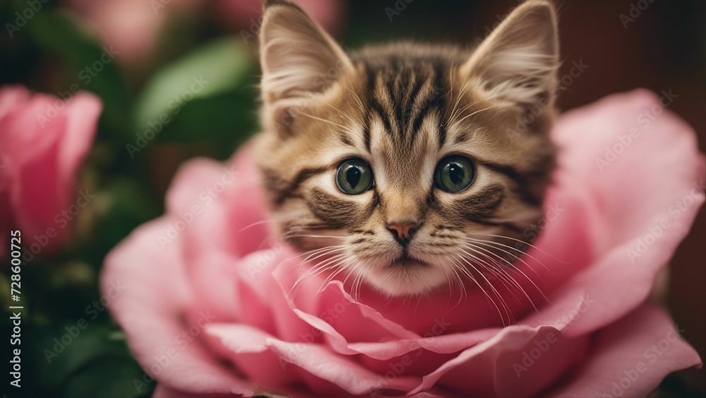 cat in the garden A comical kitten pretending to be a flower, with its head poking out from the center of a giant pink rose 