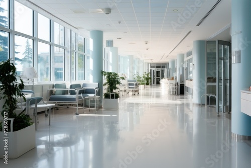 Hospital Corridor Ambiance  Calm hospital passage with cerulean hues  doors  and waiting zones. Healing environment