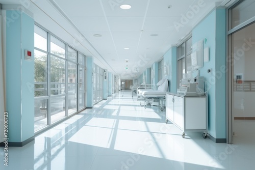 Hospital Corridor Vistas: Expansive hospital corridor in tranquil blue shades, showcasing contemporary architecture © Jam