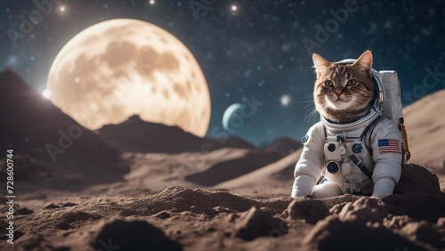 astronaut in space An adorable cat astronaut with a soft, silvery suit, perched on the asteroid surface with moon rising photo