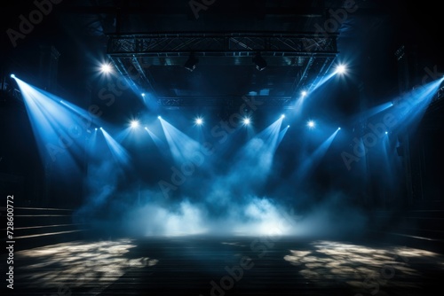 illuminated stage with lights and smoke on black