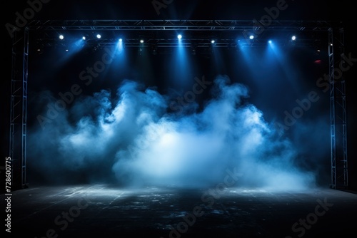 illuminated stage with blue lights and smoke 