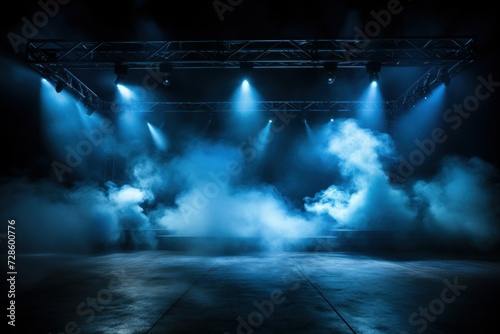 illuminated stage with blue lights and smoke on black