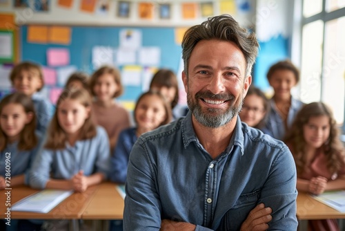Portrait of smiling male teacher in a class at elementary school looking at camera with learning students on background, Generative AI