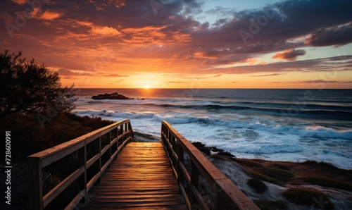 Long boardwalk leading to white sand beach and ocean at sunset