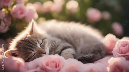 A tiny kitten with a coat as soft as silk, snoozing soundly amidst a bed of lush pink roses, 