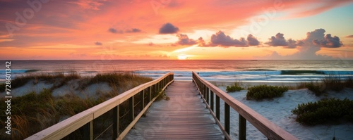boardwalk leading to white sand beach and ocean at sunset