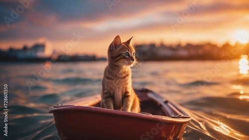 An adventurous kitten with bright, curious eyes, navigating through gentle sea waves 