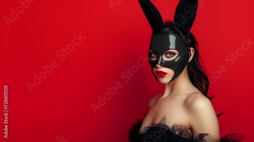 Woman banny mask with standing on red background
