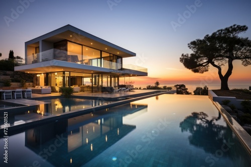 house with large outdoor clean swimming pool at sunset