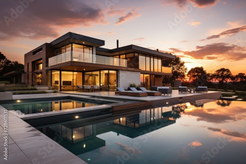 modern house with outdoor clean swimming pool at sunset