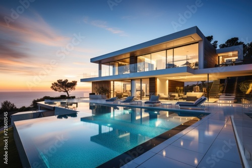 modern house with large outdoor clean swimming pool at sunset