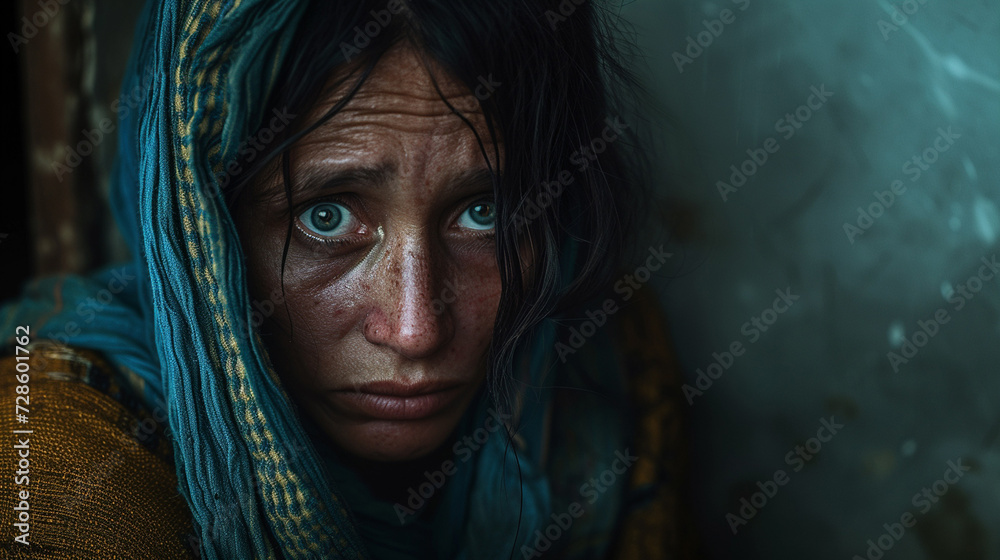 teenager in poverty or war zone, fictional location, mature adul