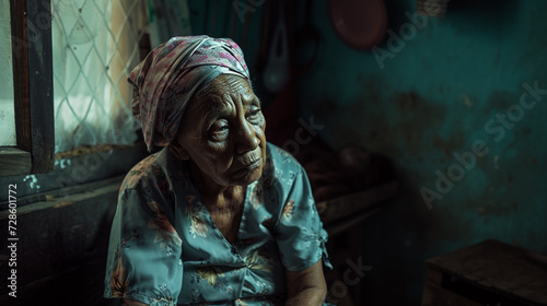 old woman, elderly grandma in poverty or war zone, fictional loc