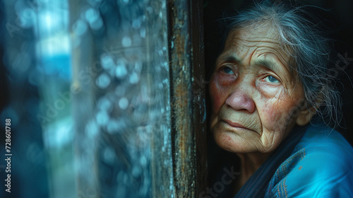 old woman, elderly grandma in poverty or war zone, fictional loc