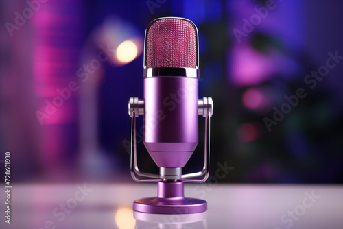 microphone for sound recording on purple and pink blurred studio 