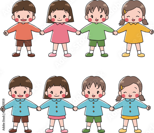 手をつないだ子供のイラストセット