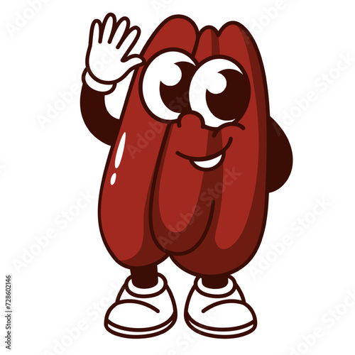 Groovy cartoon pecan character with hand up. Funny retro brown nut waving with smile to say welcome, pecan mascot greeting, cartoon vegan protein snack sticker of 70s 80s style vector illustration