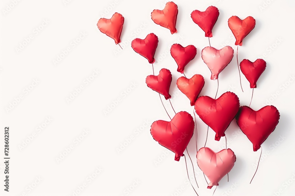 Valentine's day background with red and pink hearts like balloons on white background, flat lay, clipping path. Generative AI