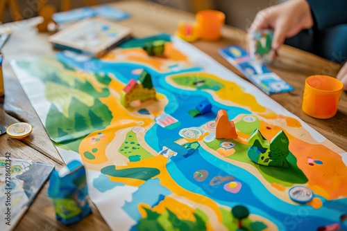 A child, engages in playful discovery as they interact with a game detailed map, exploring continents, oceans, and cultures.