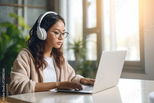 Woman Wearing Headphones Using a Laptop