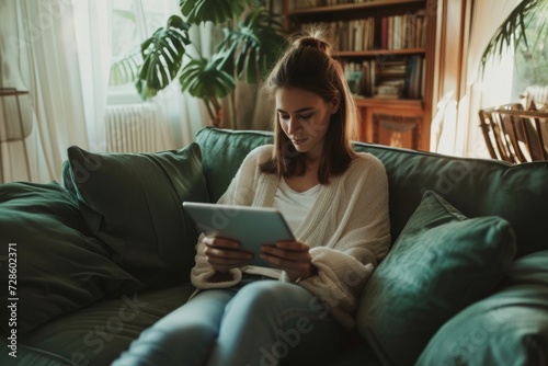 Woman Sitting on Couch Using Tablet