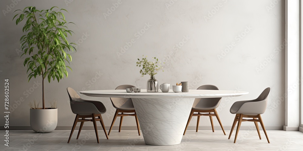 Simplistic dining area with marble table and white base. Simplistic dining area with marble table and white base.