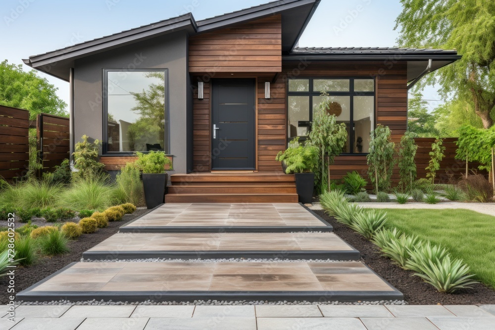 stylish entrance to a country house with a lawn and landscape design