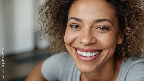 Free Download Cheerful curly-haired woman taking selfie at home, casual grey top, natural indoor lighting, relaxed setting. - GFXLoad