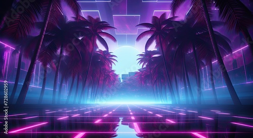 a retro-futuristic paradise with a landscape featuring tropical beach palm trees, reflecting the vibrant aesthetic of the electronic cyberpunk era of the 80s and 90s.