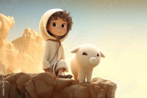  Little cute cartoon ram and little Arab boy Ishmael on a background of mountains.