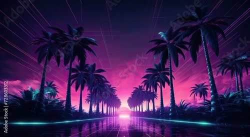 a retro-futuristic paradise with a landscape featuring tropical beach palm trees, reflecting the vibrant aesthetic of the electronic cyberpunk era of the 80s and 90s. © Murda