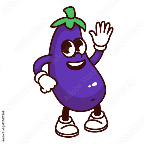 Groovy cartoon eggplant character waving hello. Funny retro aubergine with friendly face greeting, purple eggplant mascot, cartoon vegetable emoji and food sticker of 70s 80s style vector illustration