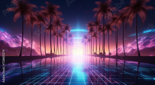 a retro-futuristic paradise with a landscape featuring tropical beach palm trees  reflecting the vibrant aesthetic of the electronic cyberpunk era of the 80s and 90s.