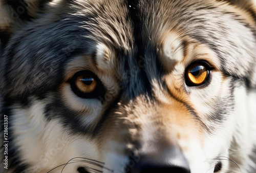 Close up of wolf face full frame. Gray wolf fur natural head  background. Animal wildlife concept and style for design  textures and wallpaper. Banner  poster. Generated Ai. Copy ad text space