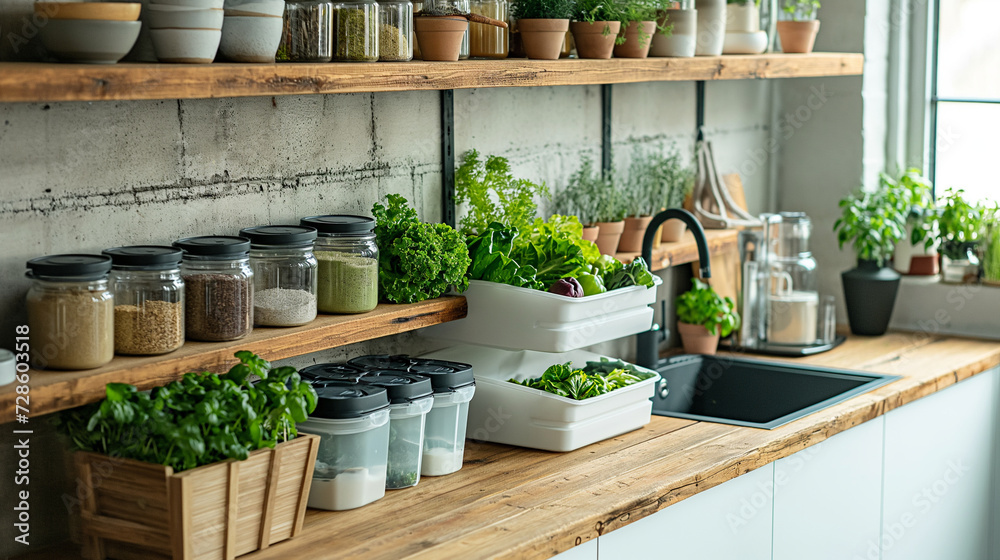 Fototapeta premium Zero Waste Serenity: A Modern Kitchen with Sustainable Flair