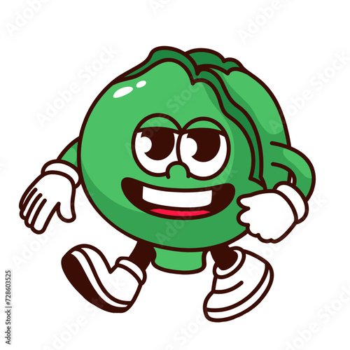 Groovy cartoon cabbage character with psychedelic smile. Funny retro leafy vegetable with teeth in mouth walking, green cabbage mascot, cartoon food sticker of 70s 80s style vector illustration