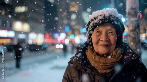 Elderly Woman Standing on City Street in the Snow