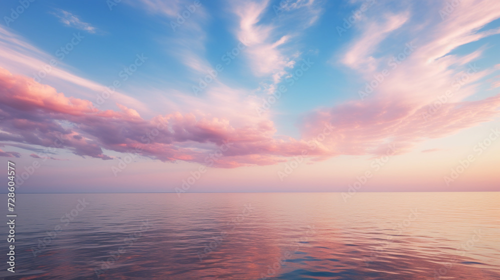 Cirrus clouds tinted pink by the sun at sunset over a calm blue ocean 