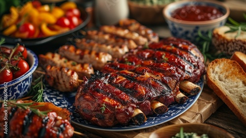 An all-American barbecue with a red, white, and blue table setting and delicious grilled food