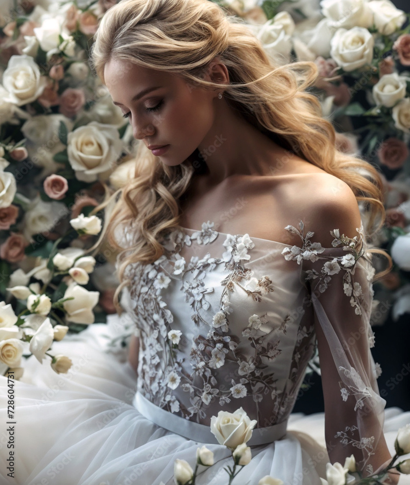 A woman in a white dress sits in front of a wall of white roses A woman in a white dress sits in front of a wall of white roses