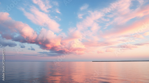 Cirrus clouds tinted pink by the sun at sunset over a calm blue ocean 