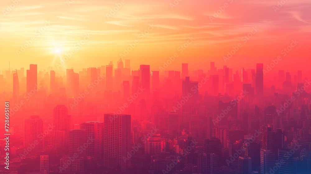 An abstract urban skyline at sunset, where silhouettes of buildings blend with warm hues