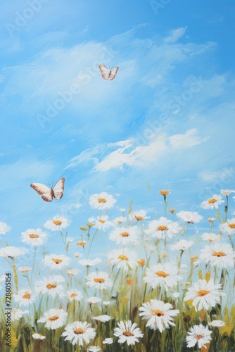 Old oil painting of chamomile and butterflies under a blue sky