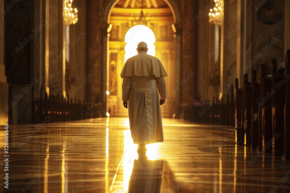 A Man in Priests Robes Walks Through a Church