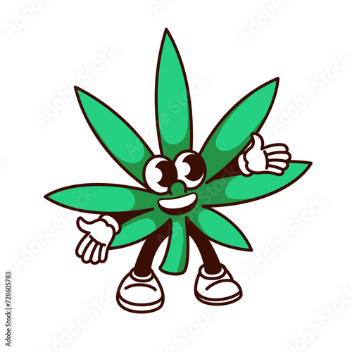 Groovy cartoon hemp character with happy smile. Funny retro marijuana plant with green leaves for hippie party, cannabis mascot, cartoon legal narcotic sticker of 70s 80s style vector illustration