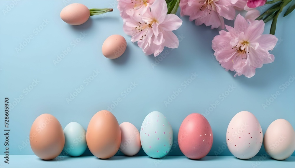 Colorful Easter eggs and blooming pink flowers on light blue background, copy space created with generative ai